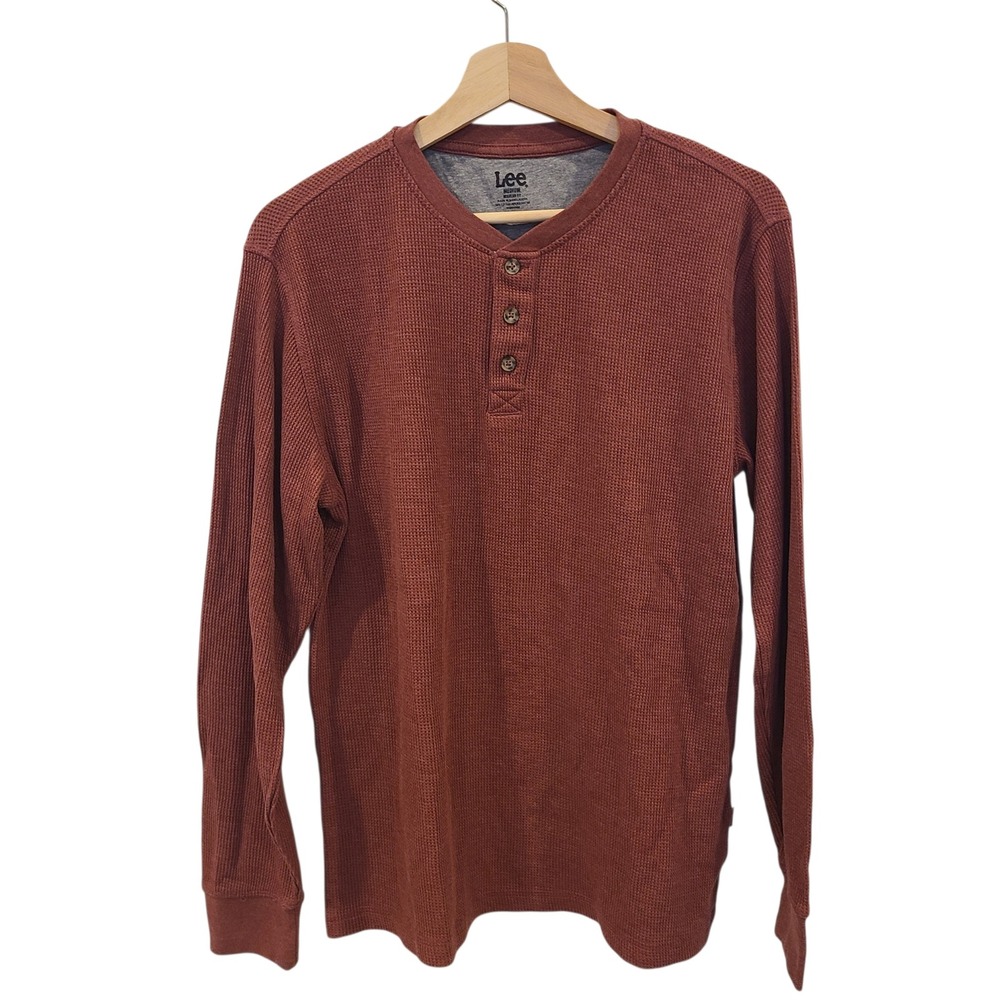 Lee Mens Long Sleeve Waffle Knit Henley Shirt Rust Burgundy Medium Killer